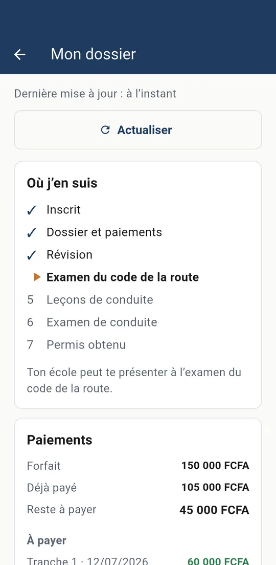 The learner’s file in the app
