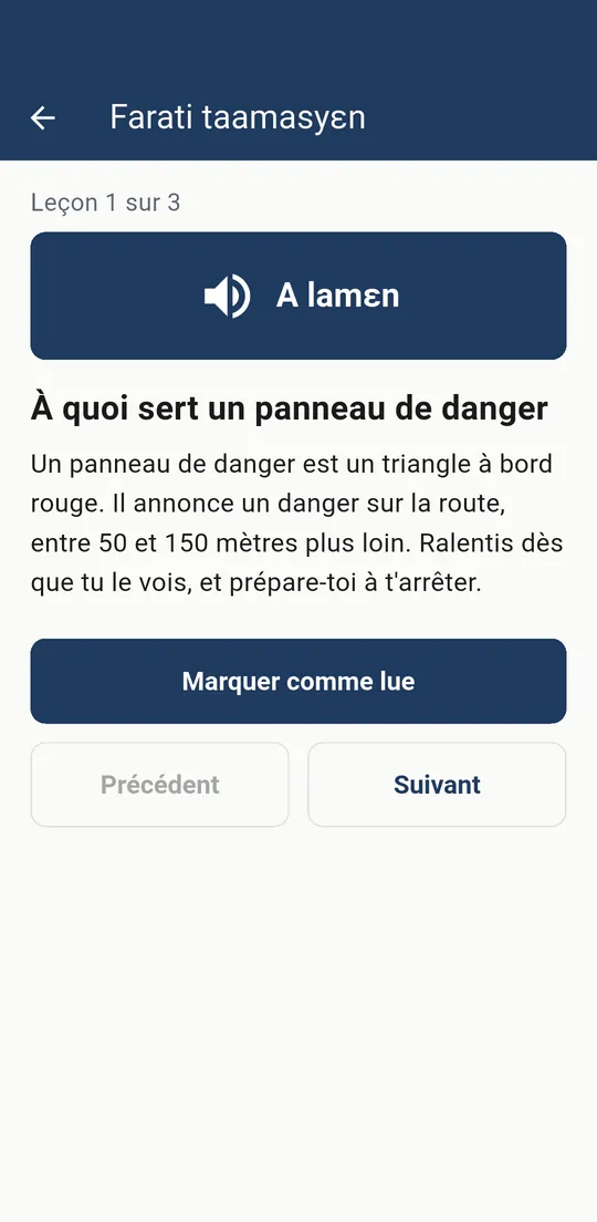 A highway-code lesson, with the button to listen to it